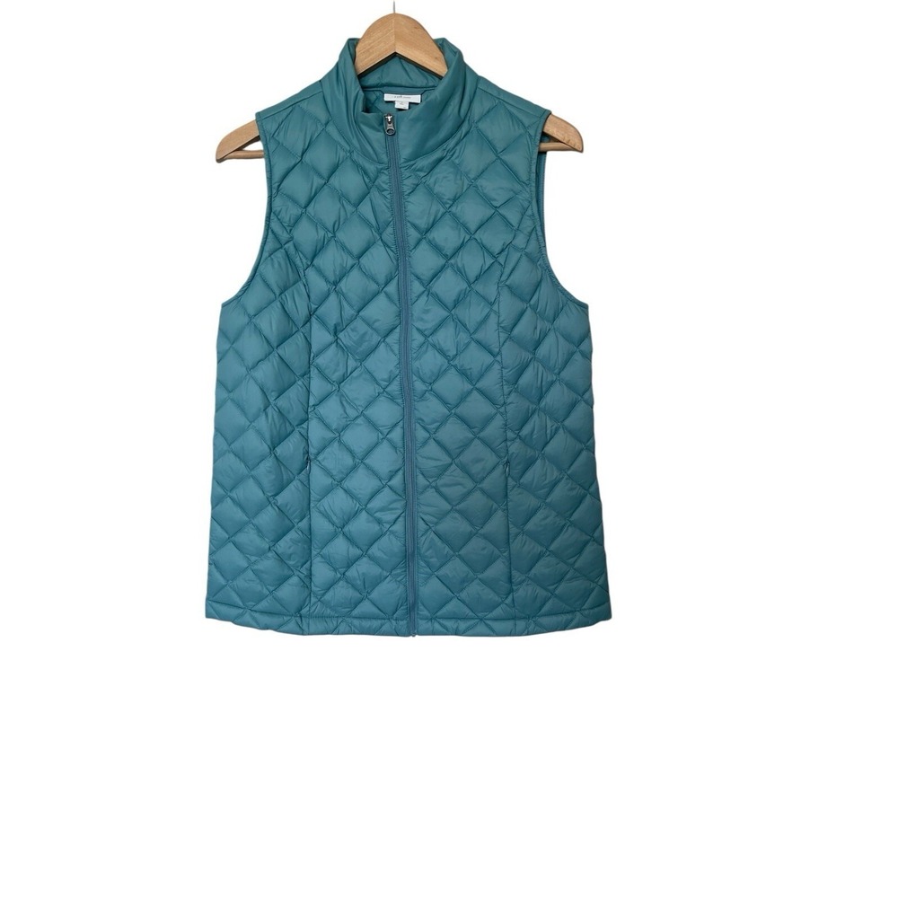 Pure Jill Quilted Puffer Vest Womens S Teal Blue Down Filled Diamond Stitch Zip
